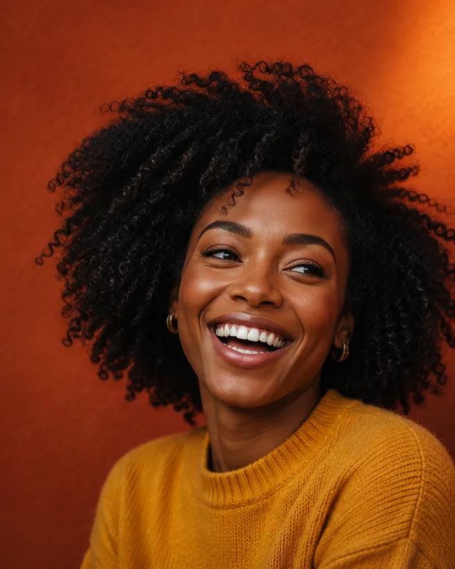 A woman in a mustard sweater laughing against a warm terracotta wall.