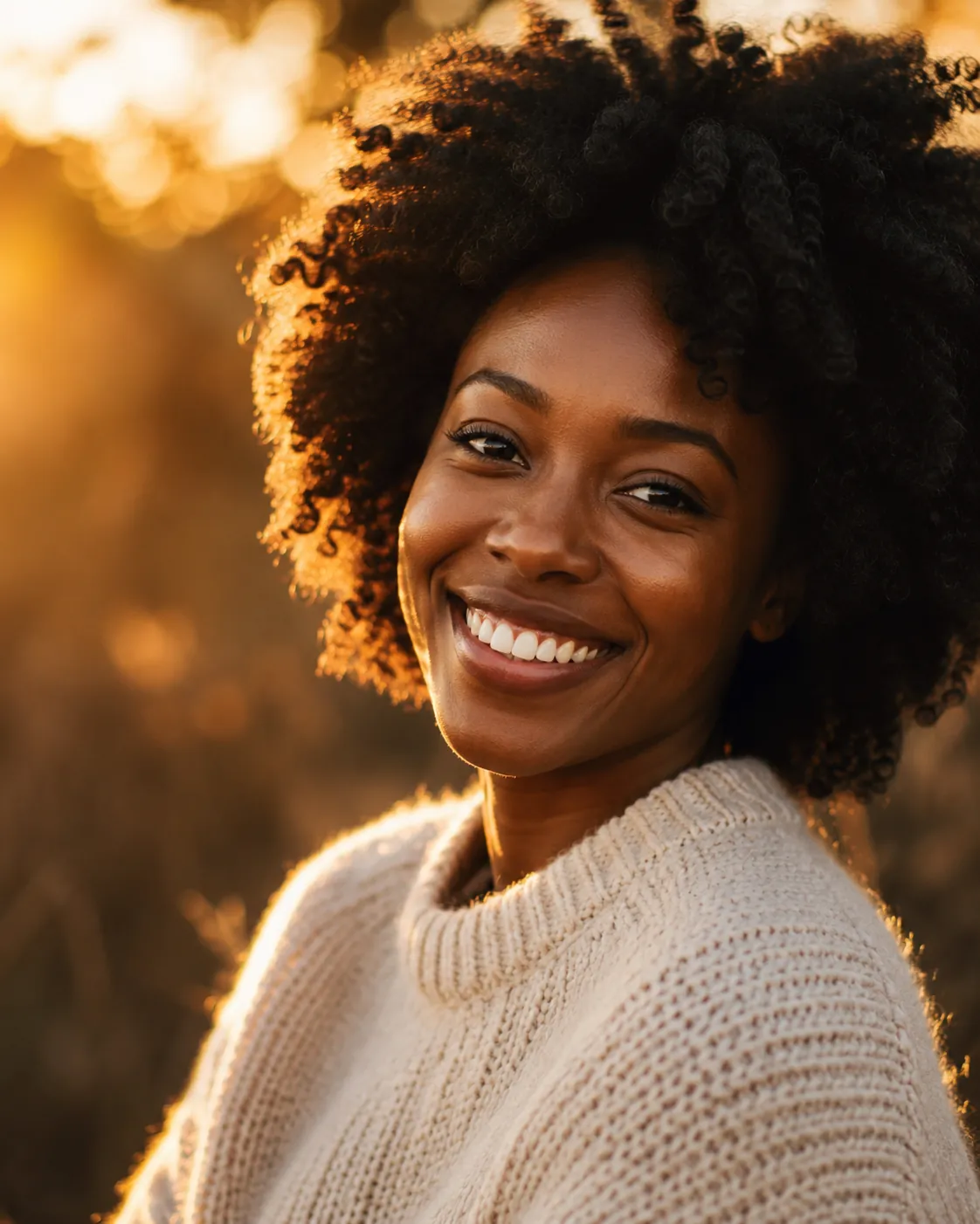A woman smiling in warm golden evening light.