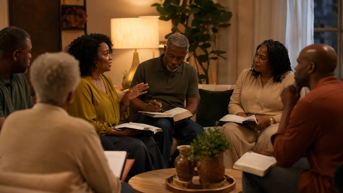 Six adults in a warm lamp-lit living room with open Bibles, leaning in to listen.