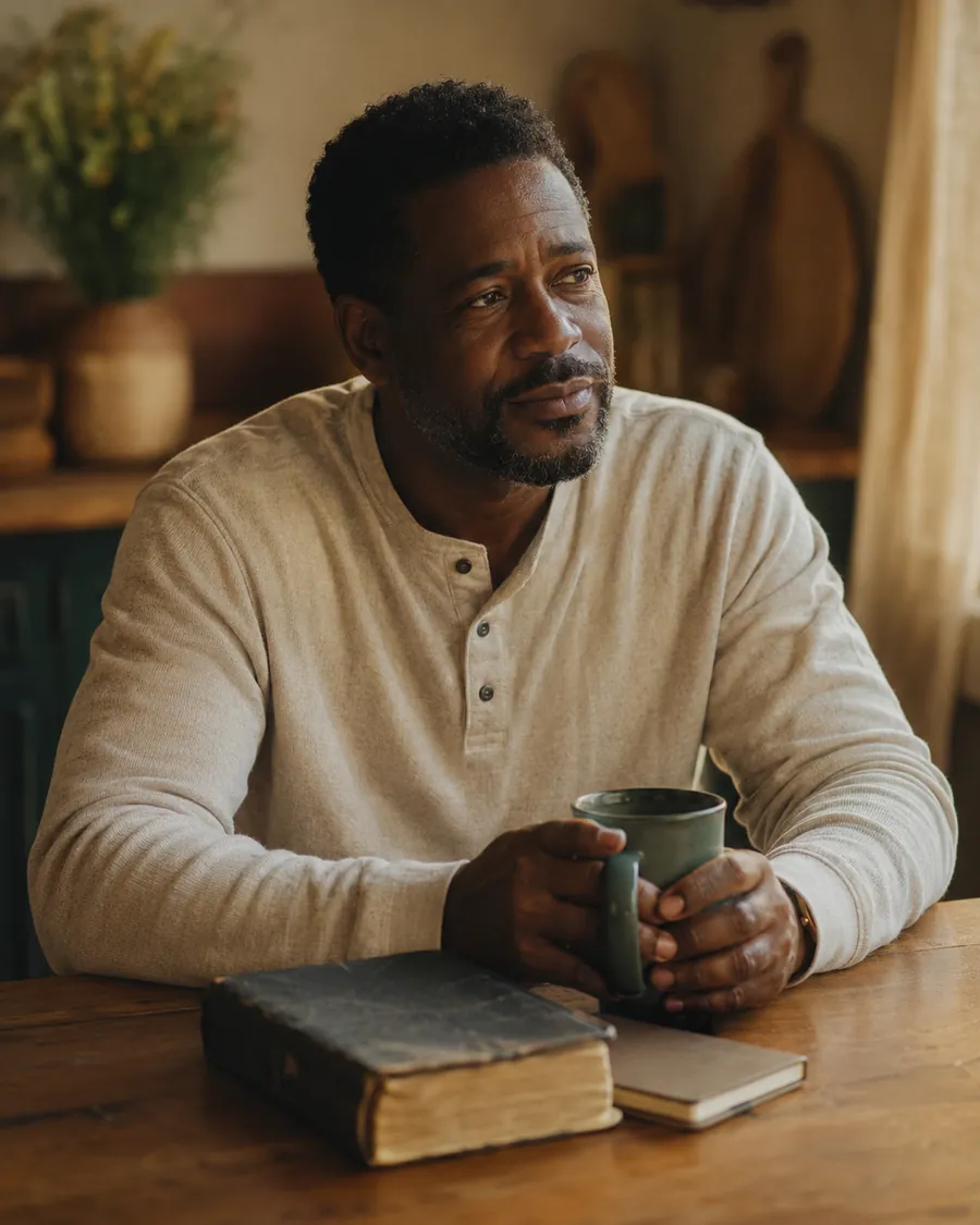 A man at a kitchen table in morning light, hands around a mug, a worn Bible and journal before him.