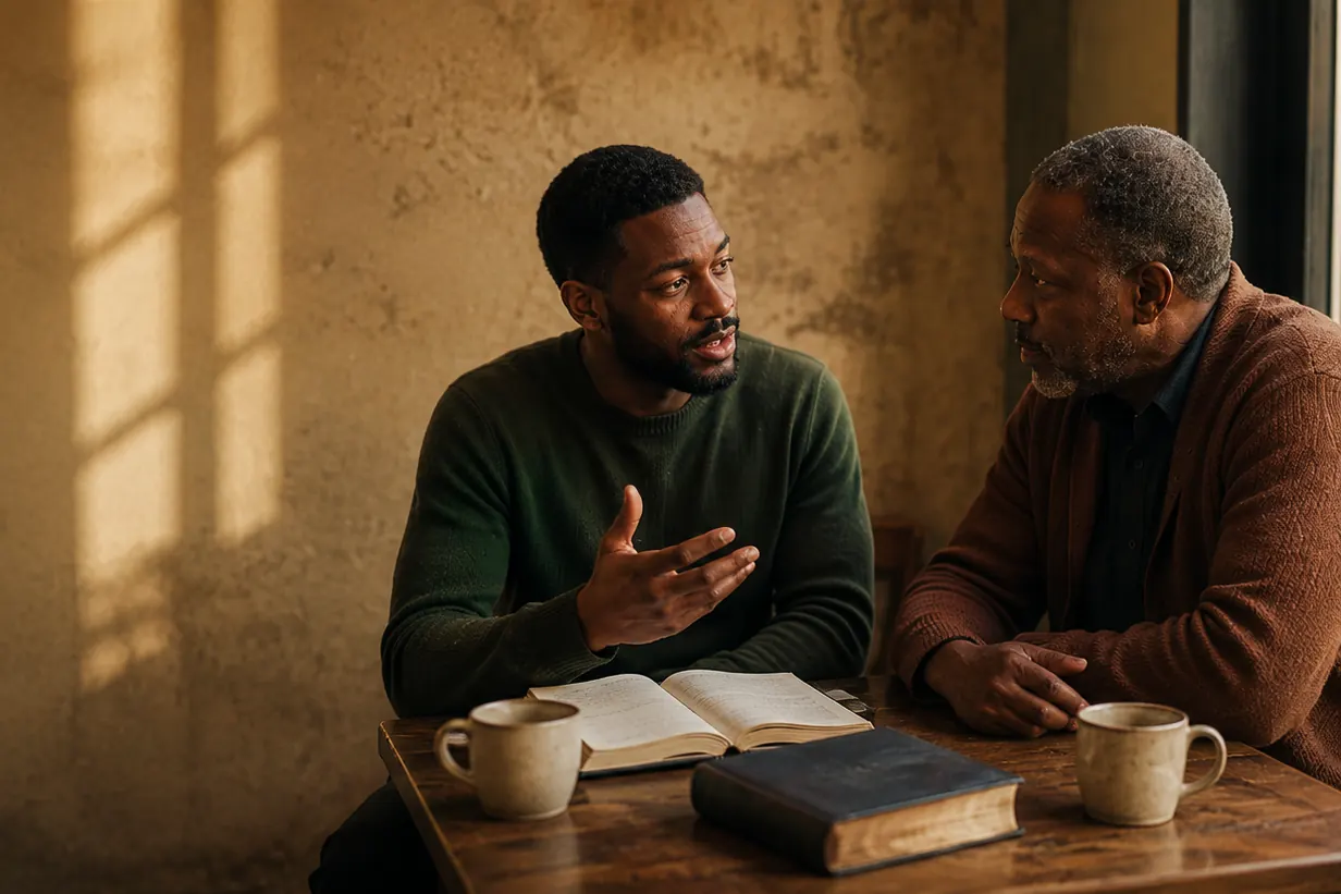 Two men in honest conversation at a wooden table — an open book between them, window light on the wall.