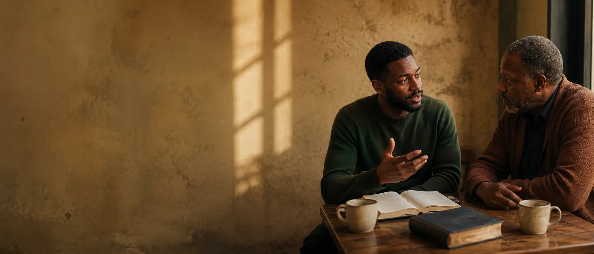 Two men in honest conversation at a wooden table — an open book between them, window light on the wall.
