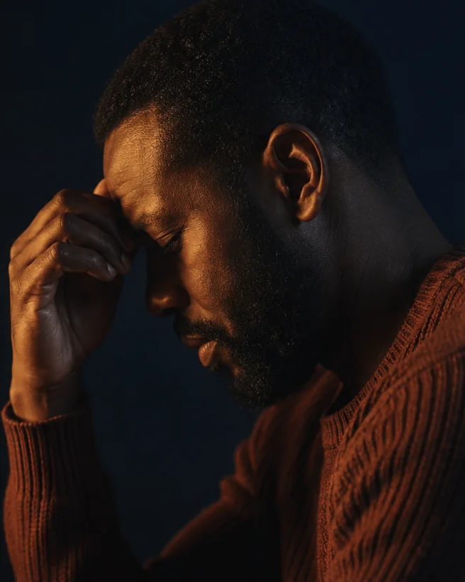 A man in quiet prayer, lit by warm light against a deep blue darkness.