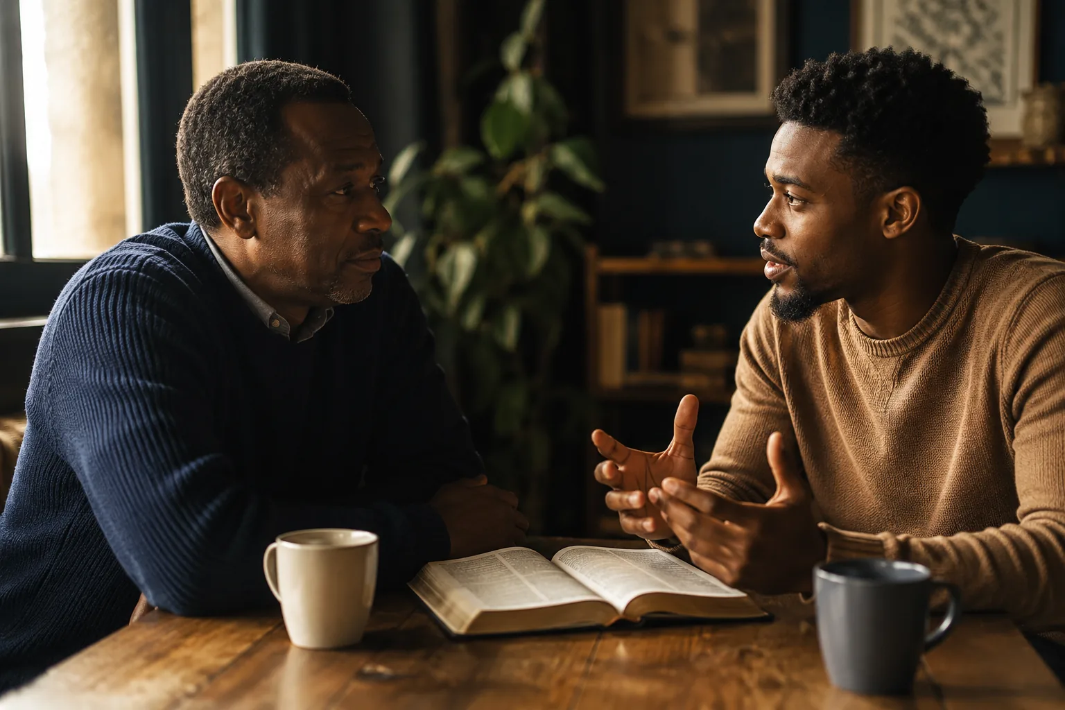 Two men in honest conversation at a table with an open Bible between them.