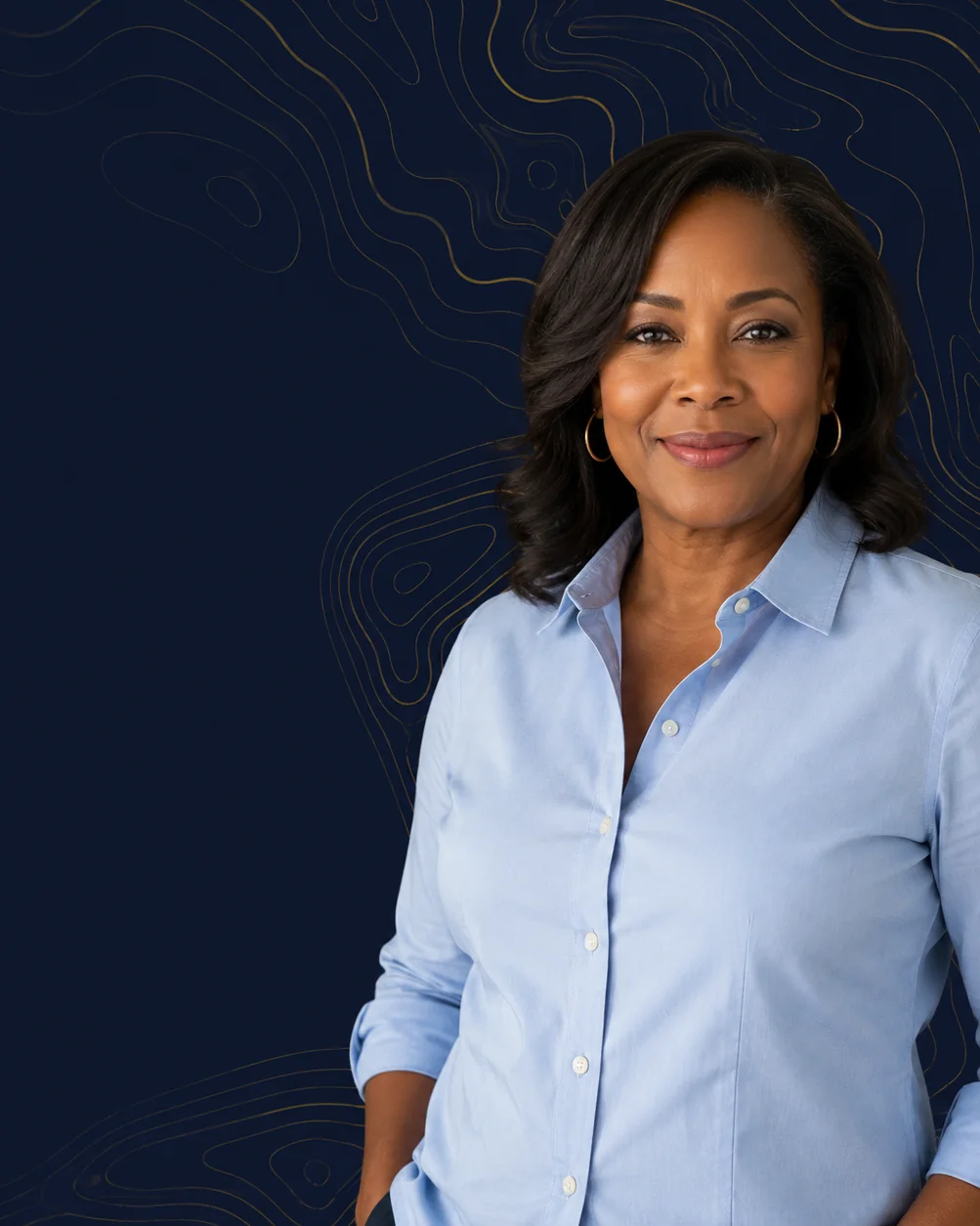 A woman in a light-blue shirt smiling warmly against a deep navy background with gold contour lines.