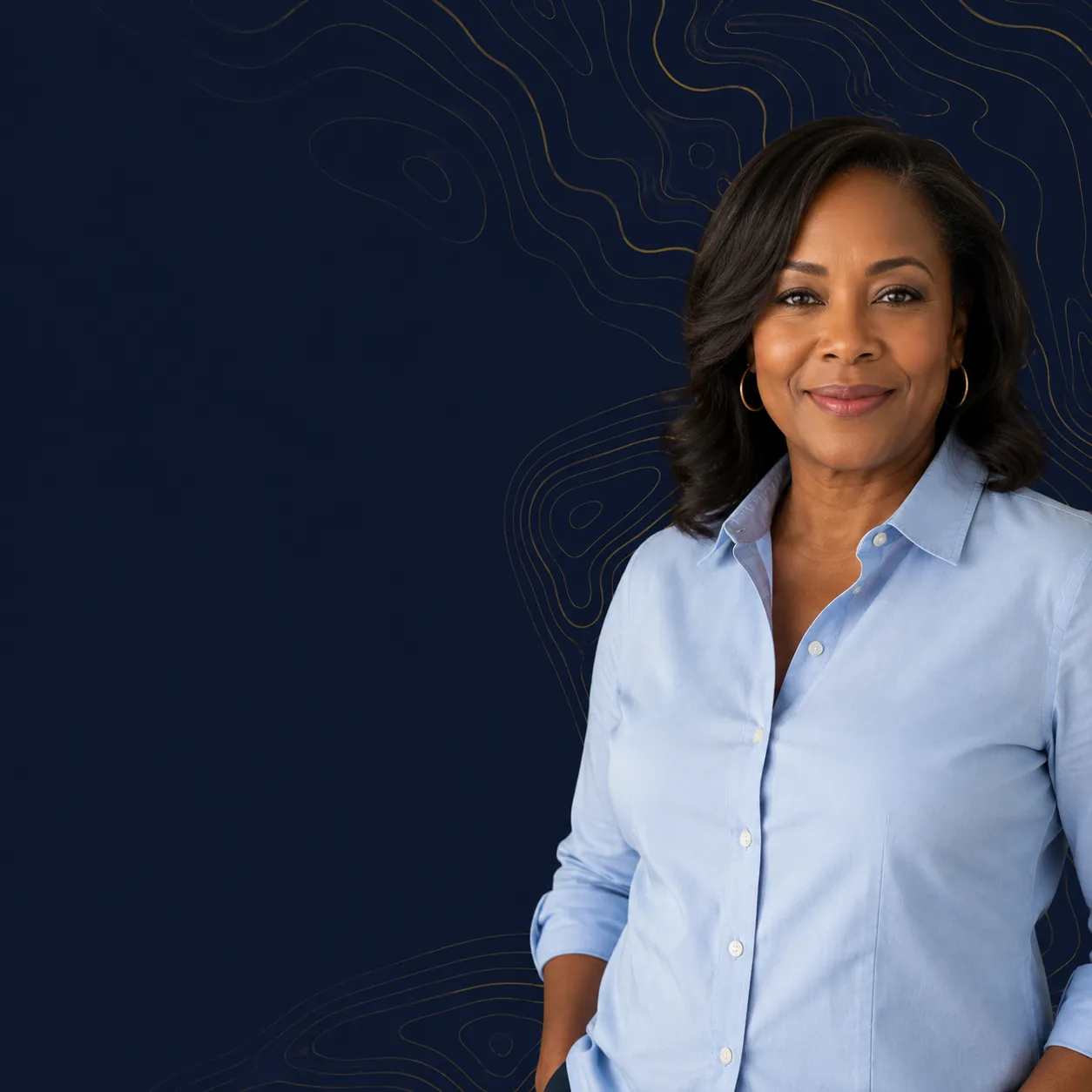 A woman in a light-blue shirt smiling warmly against a deep navy background with gold contour lines.