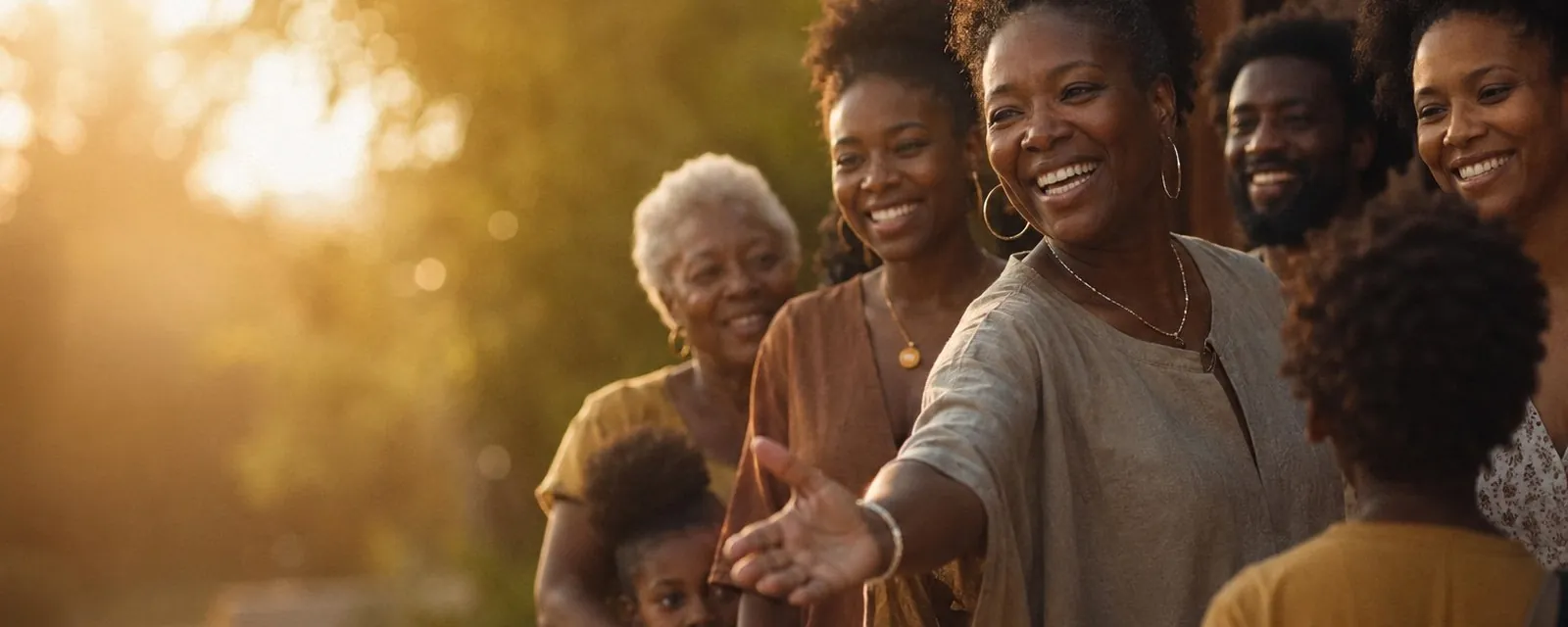 A multi-generational Black family gathered together in warm golden-hour light, one woman reaching out a welcoming hand.