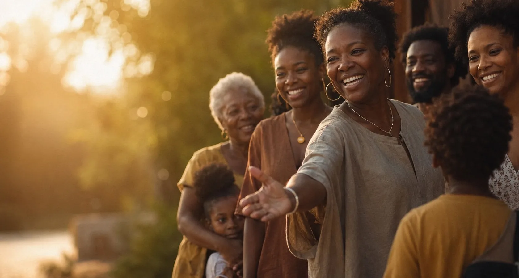 A joyful multi-generational family gathered together in warm golden-hour light, one woman reaching out a welcoming hand.