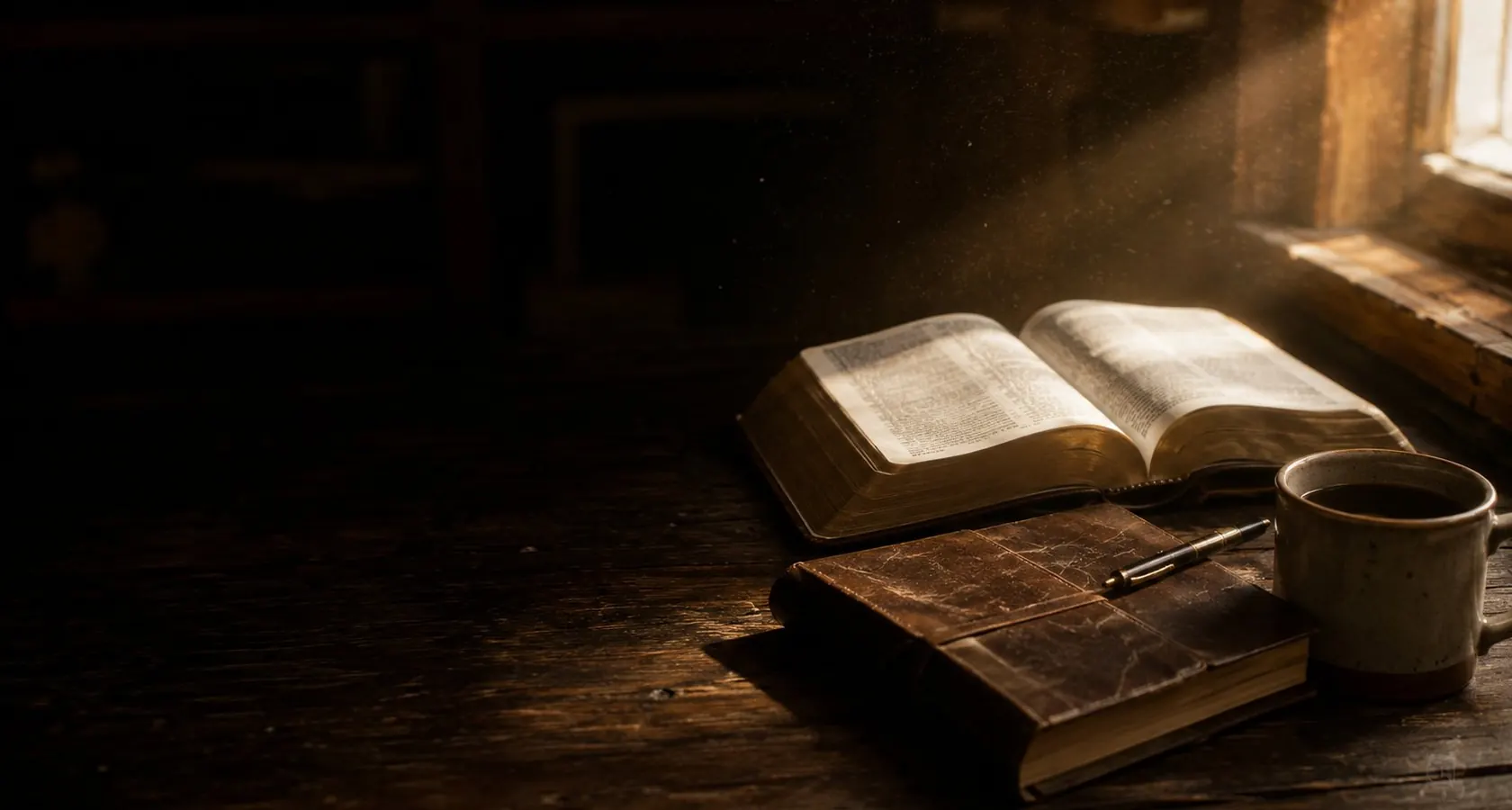 An open Bible, a worn leather journal, and a mug on a wooden table in a shaft of warm morning light.