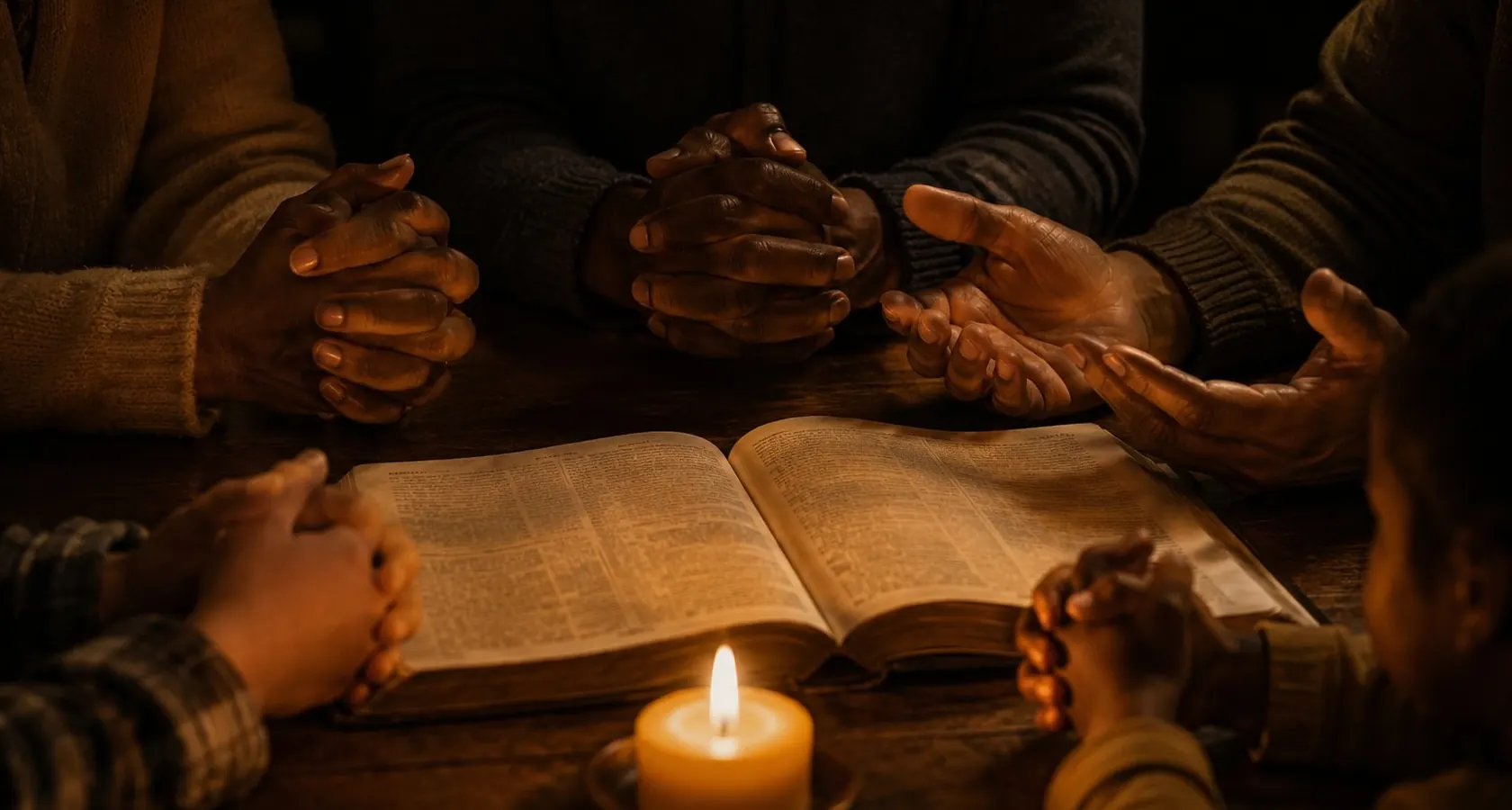 Several people’s hands clasped in prayer around an open Bible and a single candle in warm, low light.